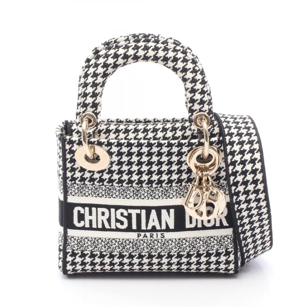 Christian Dior LADY Lite Houndstooth Handbag Canvas Black White